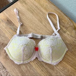 Victoria's Secret Dream Angels neon green and white lace lined demi bra
